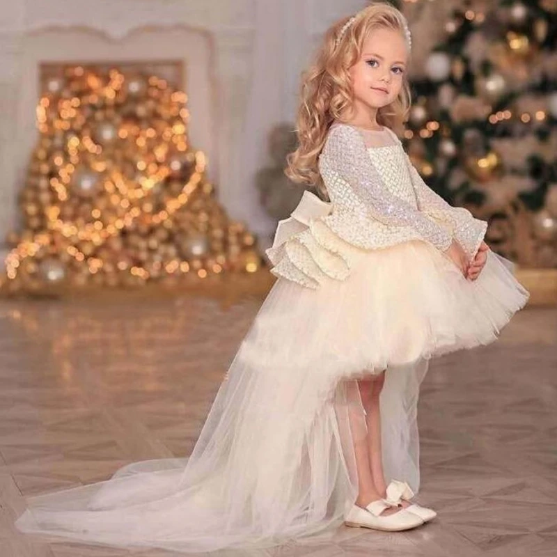 Customized Flower Girl Dresses Beige Tulle Sequin With Tailing Bow Long Sleeve For Wedding Birthday Party First Communion Gown