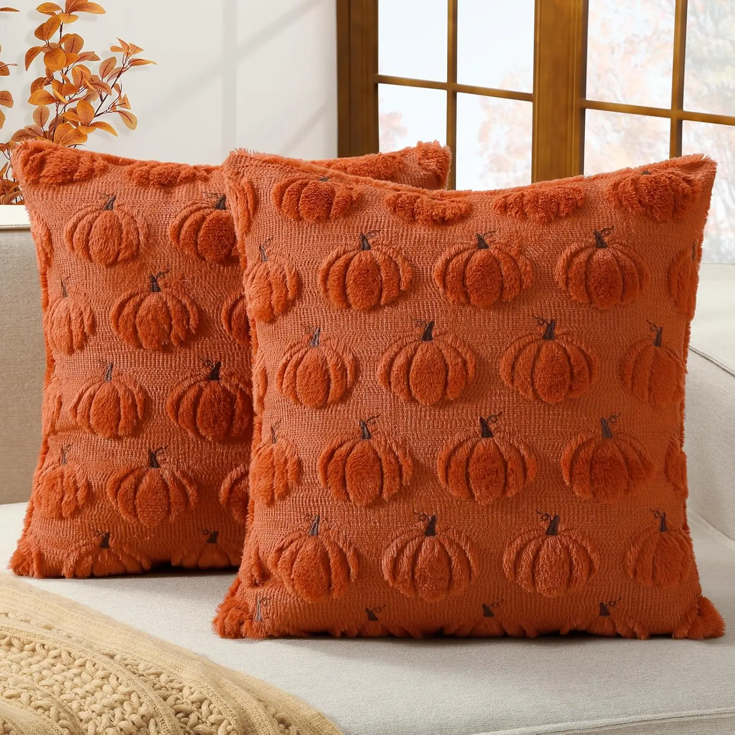 

Fall Decorative Throw Pillow Covers 18 x 18 Inch Set of 2, Thanksgiving Autumn Harvest Pumpkin Faux Fur Cushion Covers, 3D Embro