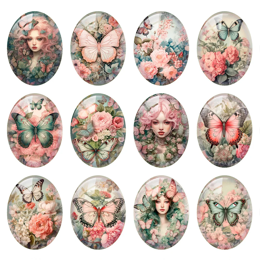 

Random Mixed Round/Oval/Square Flower Plants Butterflies Girls Photo Glass Cabochon Flatback Demo Cameo For Diy Jewelry Making