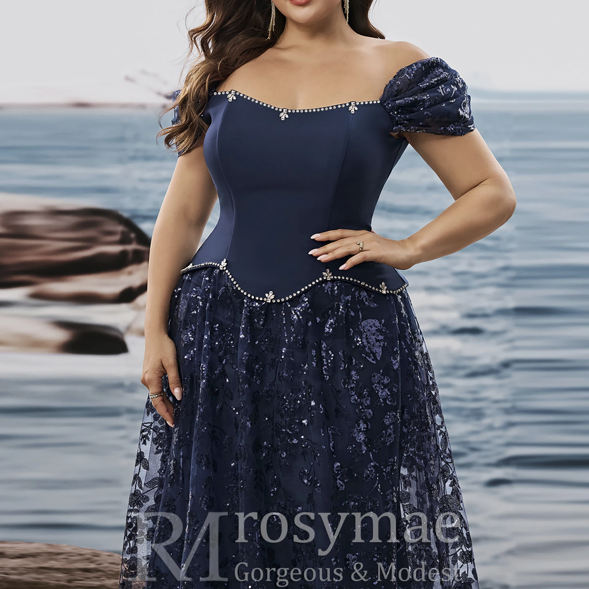 Rosymae vestidos formales de talla grande azul marino vestidos largos de fiesta de boda de lujo para mujer