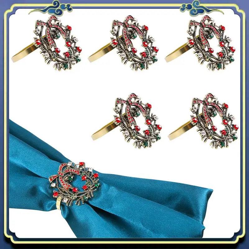 A56P-6Pcs Christmas Wreath Napkin Rings Metal Napkin Buckle Napkin Holder Napkin Circle Hotel Restaurant Wedding Party Dinner Ta
