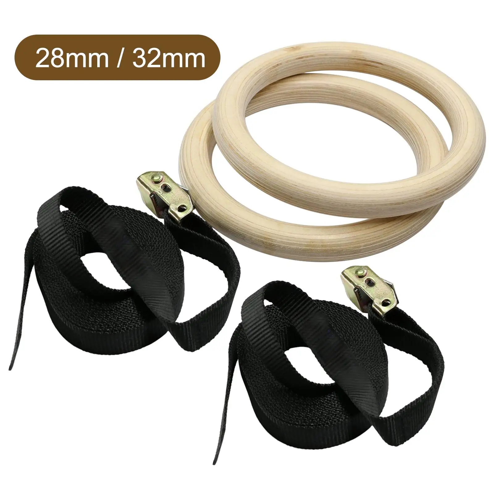 Sports Wood Gymnastic Rings with Adjustable Buckle Straps Anti slip belt for Strength Training Gym Full Body Workout