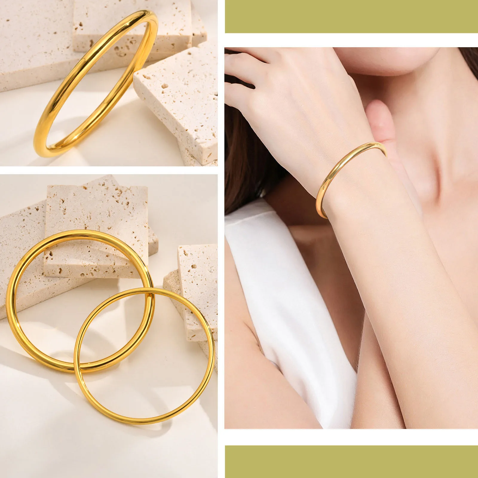 

Fashion Glossy Stainless Steel 60MM Wristband Bangle For Teens Girls, 5mm Bold Gold Color Metal Cuff Bracelet Round Bangle