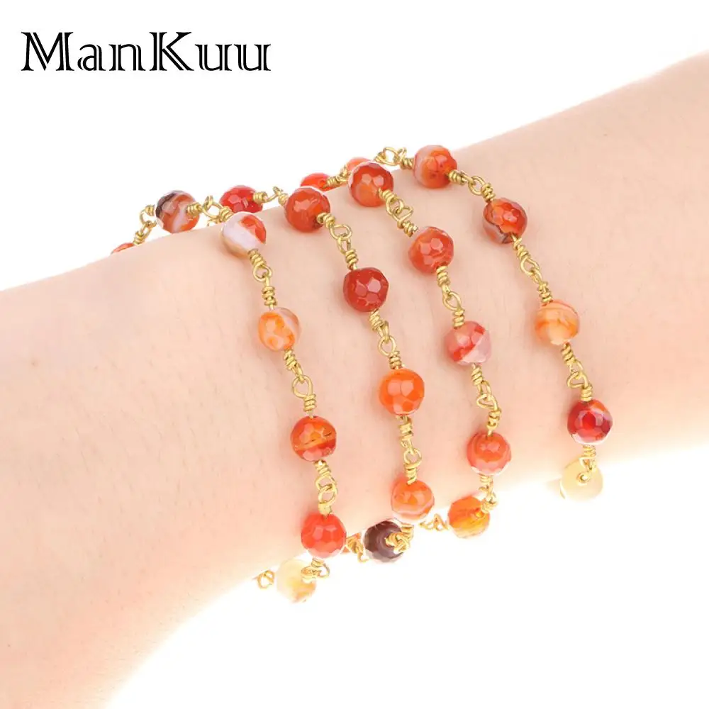 MANKUU 5 Meters Wire Wrapped Beaded Gold-Plated Rosary Chain Carnelian Red Agate Faceted Crystal Beads Making Bracelet Necklace
