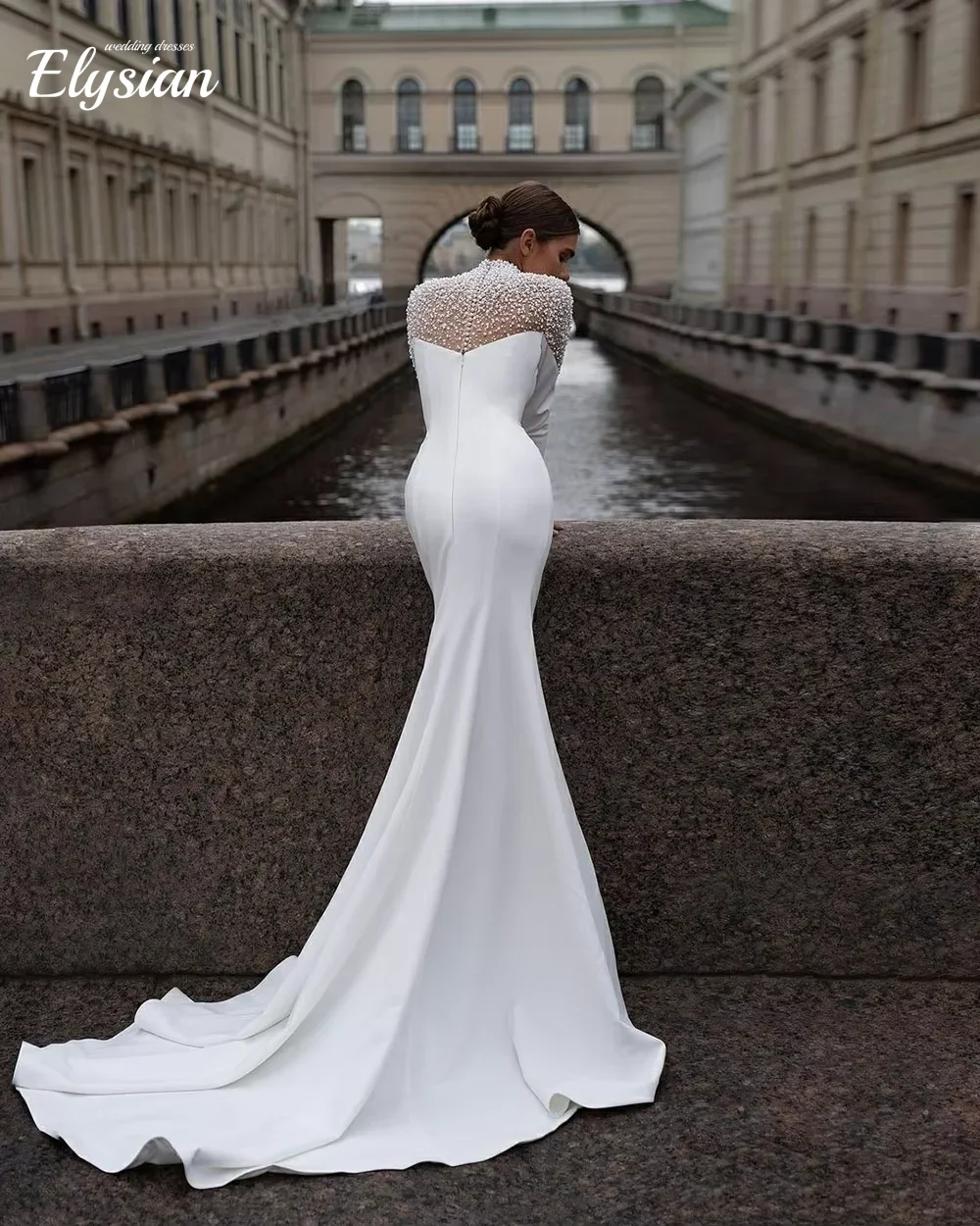Customized Luxury High Neck Wedding Dresses Long Sleeve Pearls Beading Mermaid Bridal Dress Satin Women Brides Gown