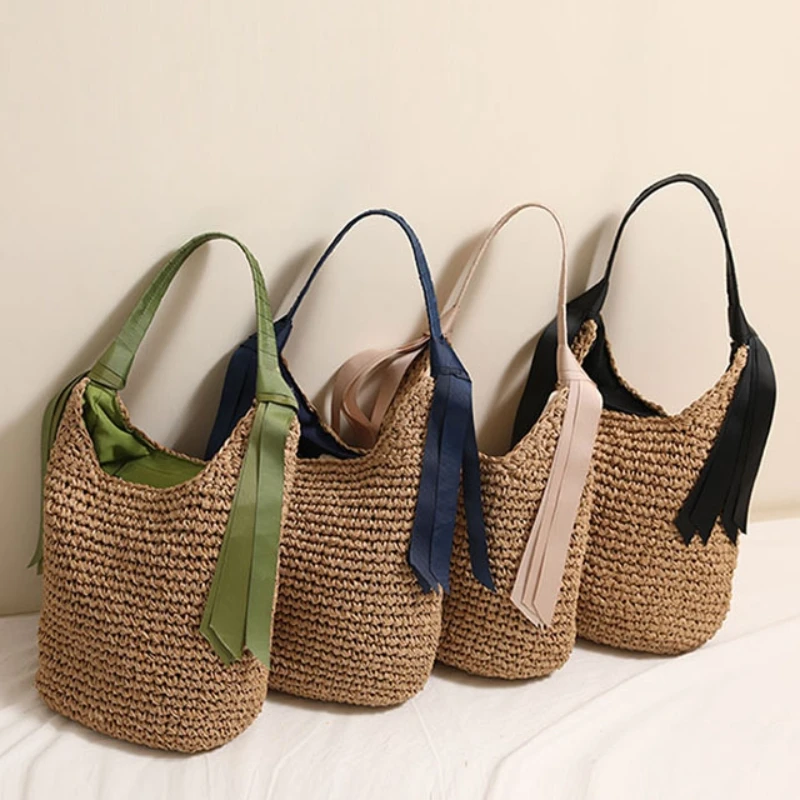 

Summer Large Capacity Straw Bag for Women Ribbon Decoration Handmade Paper Woven Beach Vacation Shoulder Bag Shopper Tote Purses