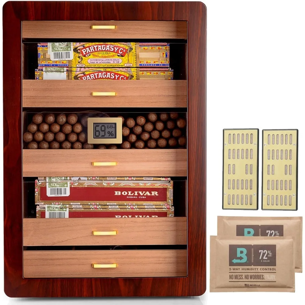 

Cedar Wood Humidor for 300 Cigars with Digital Hygrometer, Drawers, Humidifiers and Gold-Plated Hardwares. Cigar