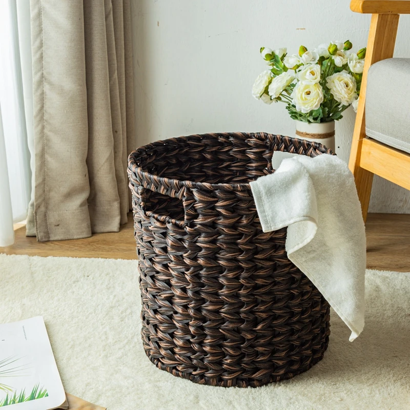 Lined Coffee Brown Storage Bin for Bathroom‌ Luxury European Rattan Laundry Basket with Lid - Handwoven Round Hamper,