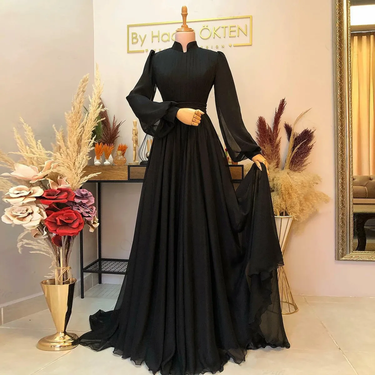 Arabic Muslim Black Prom Dresses Modest High Neck Long Sleeves Women Evening Gowns Islamic Night Party Robe Customized