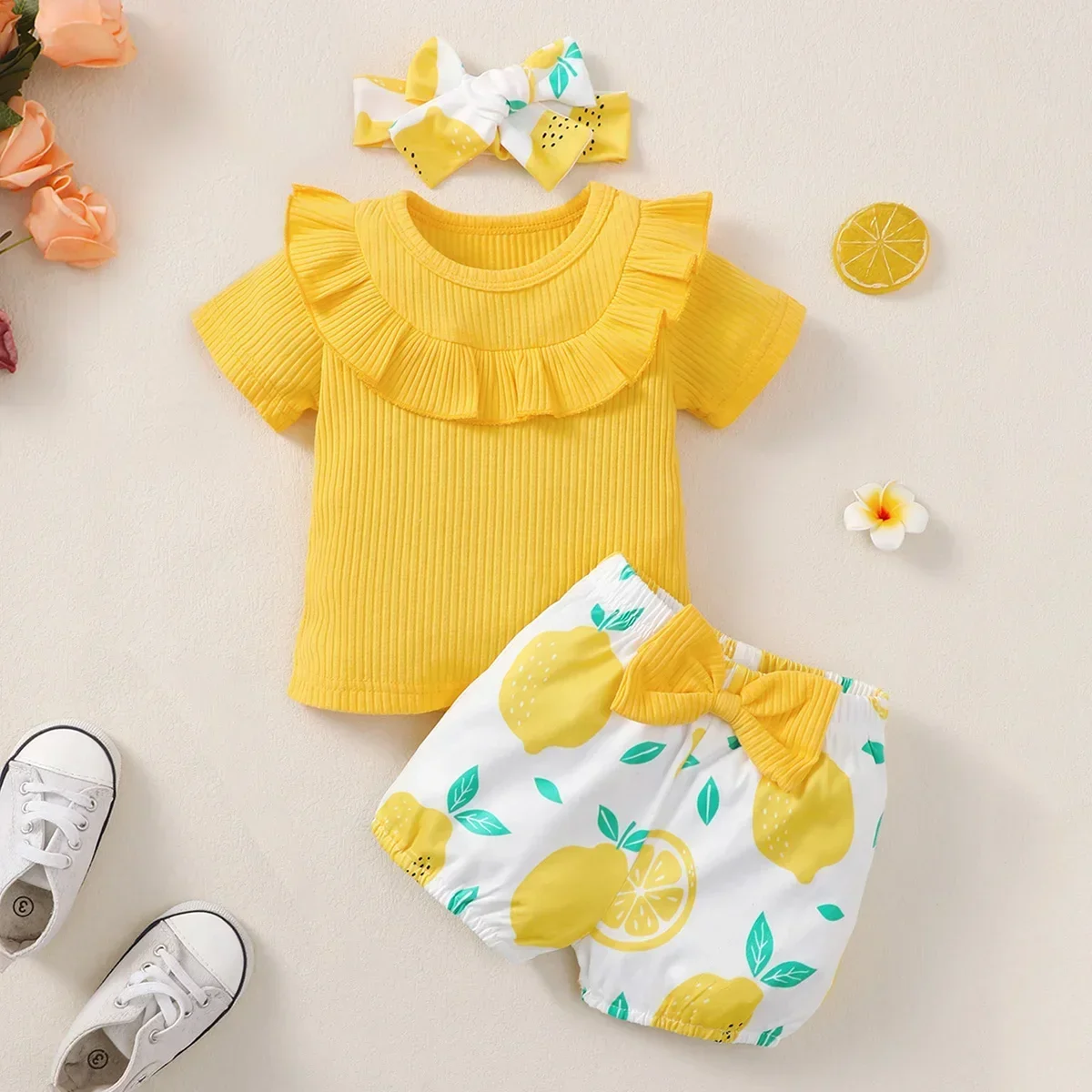 Toddler Baby Girls Clothes Summer Solid Short Sleeve Top +Lemon Printed Shorts 2Pcs Set Infant Fashion Clothes Outfit