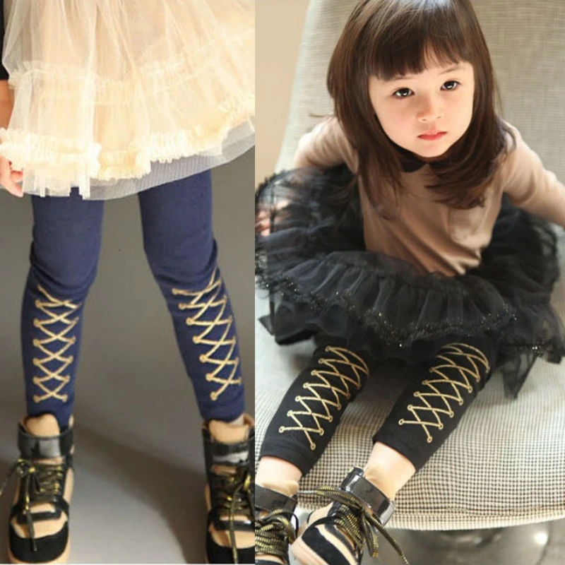 Spring Autumn 2 3 4 6 Year 90-120cm Children Birthday Gift Blue Black Full Length Capri Pattern Little Baby Kids Girl Leggings