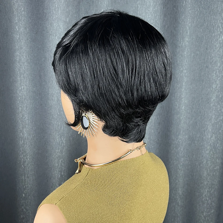 ショートレイヤードピクシーカット人毛ボブウィッグ、フルマシンメイド100%人毛ウィッグ、前髪付き、女性用、ブラックレミーストレートウィッグ