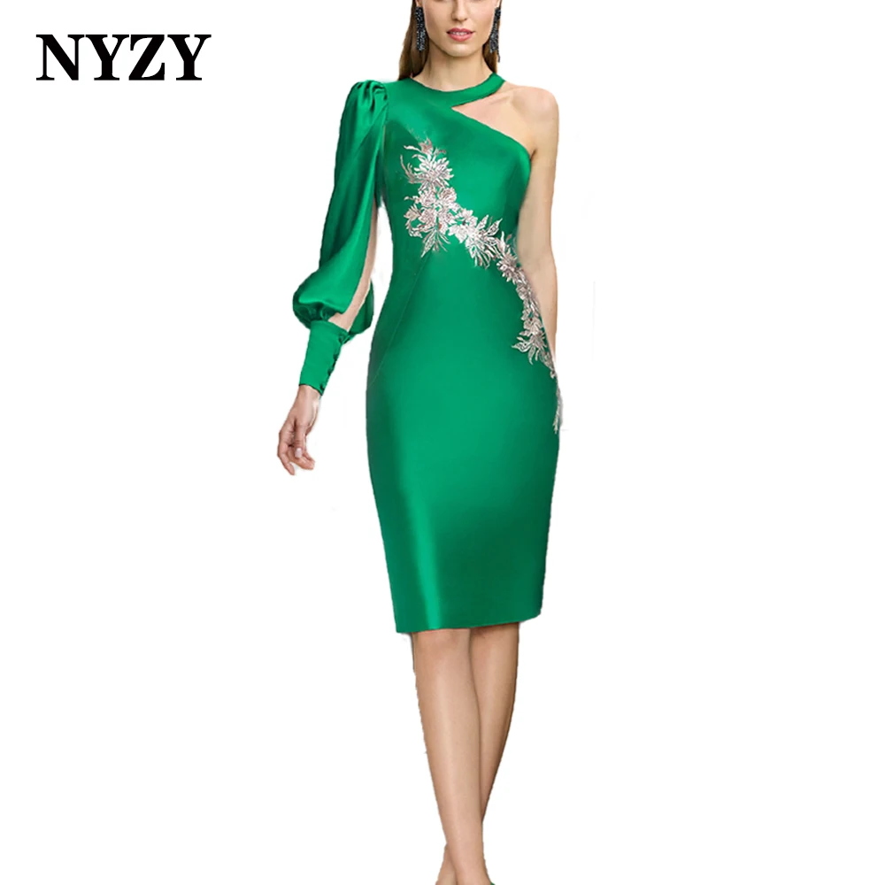 

NYZY M405 Satin One Long Sleeve Silver Lace Appliques Green Short Evening Dresses 2024 Wedding Party Cocktail Prom Gown