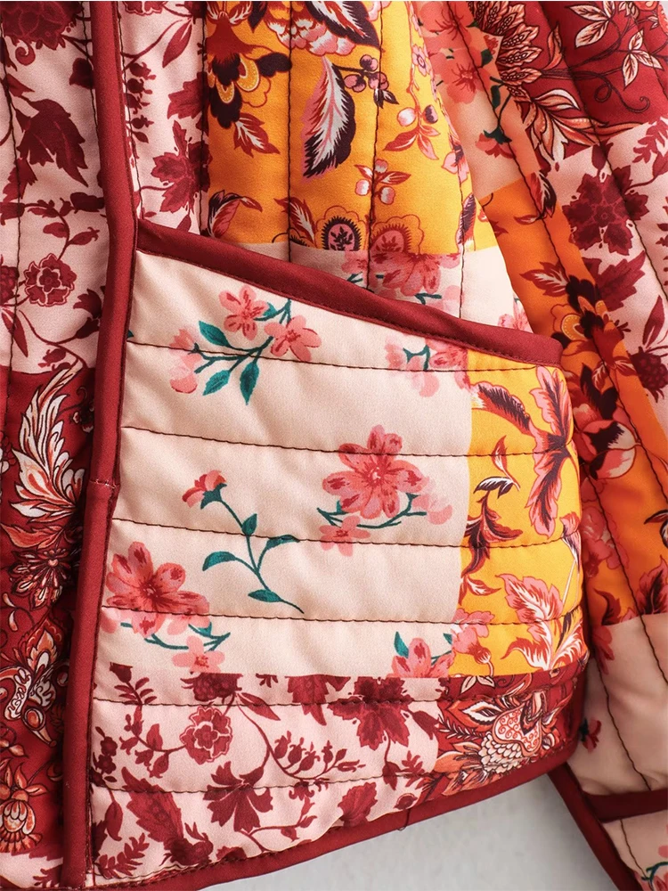 YENKYE New Autumn Women Vintage Floral Patchwork Print Short Quilted Padded Jacket Long Sleeve Pockets Female Chic Cardigan Coat