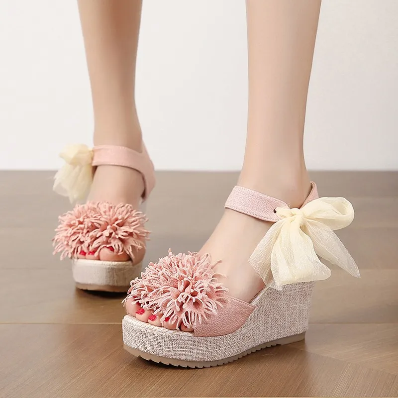 2025 Sandalias Mujer Patrón floral Bowknot Decoración Plataforma Cuña Alpargatas Plataforma Arco Tacones altos Zapatos de mujer