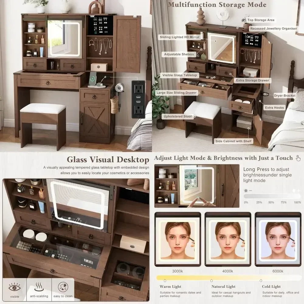"42" modern farmhouse vanity desk with sliding mirror, glass top, lighting, and charging station"