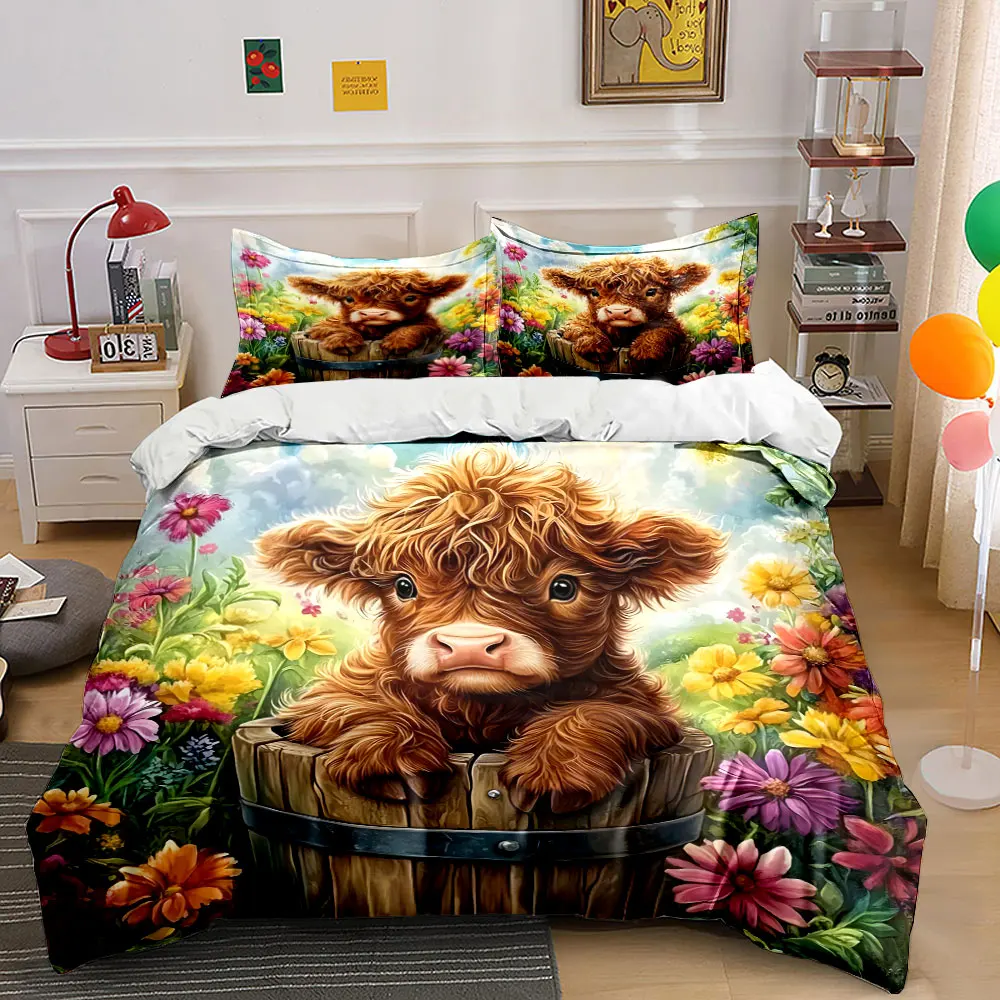 Fluffy calf in barrel surrounded by flowers Pattern Duvet Cover Set Digital Print Colorful Polyester Bedding with Zipper Closur
