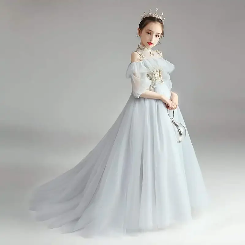 

Flower Girl Dress Gray Trailing Puffy Wedding party Dress Girl First Communion Eucharist Attended Princess Lace Evening Dresses