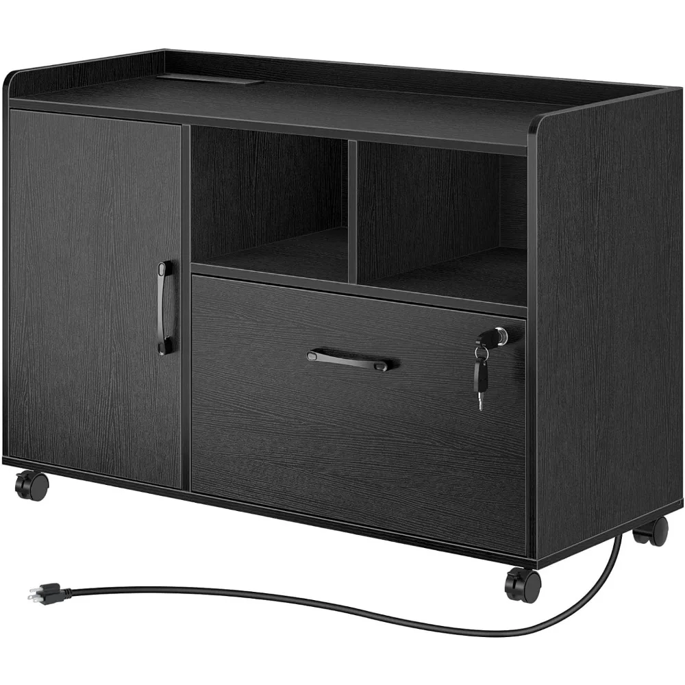 File Cabinet, with Charging Station, Mobile Lateral Filing Cabinets with Locking Drawer, with Open Storage Shelf, File Cabinet