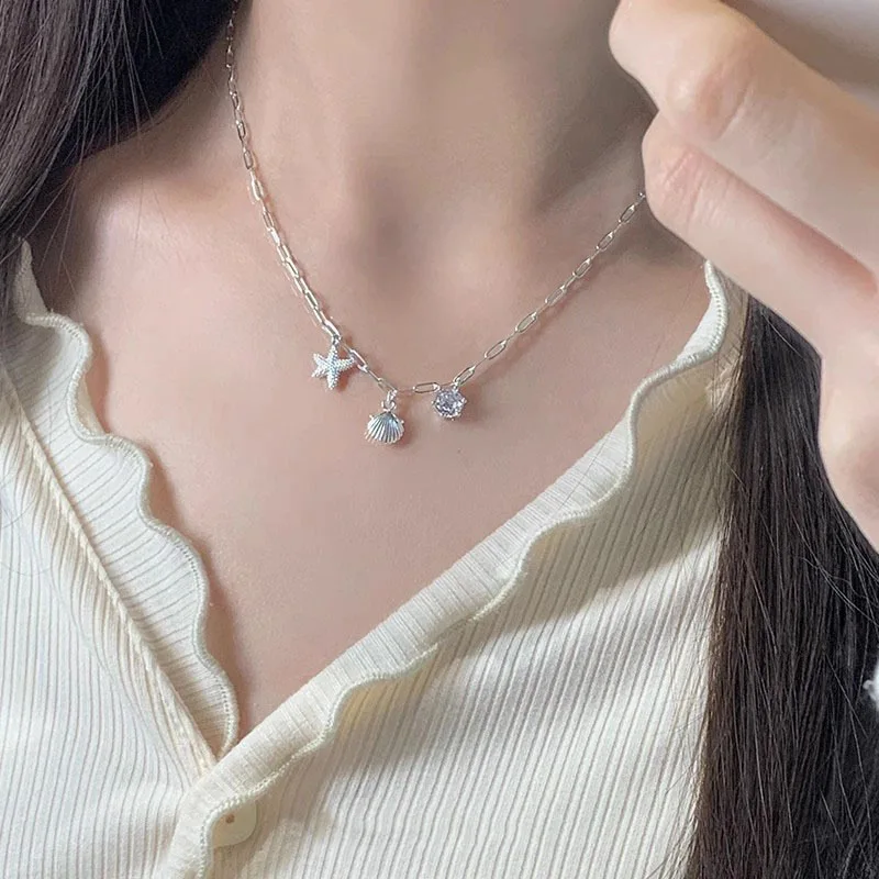 

925 Sterling Silver Necklace Shell Starfish Shape Pendant Simple Personality Charm Woman Choker Birthday Gift Exquisite Jewelry