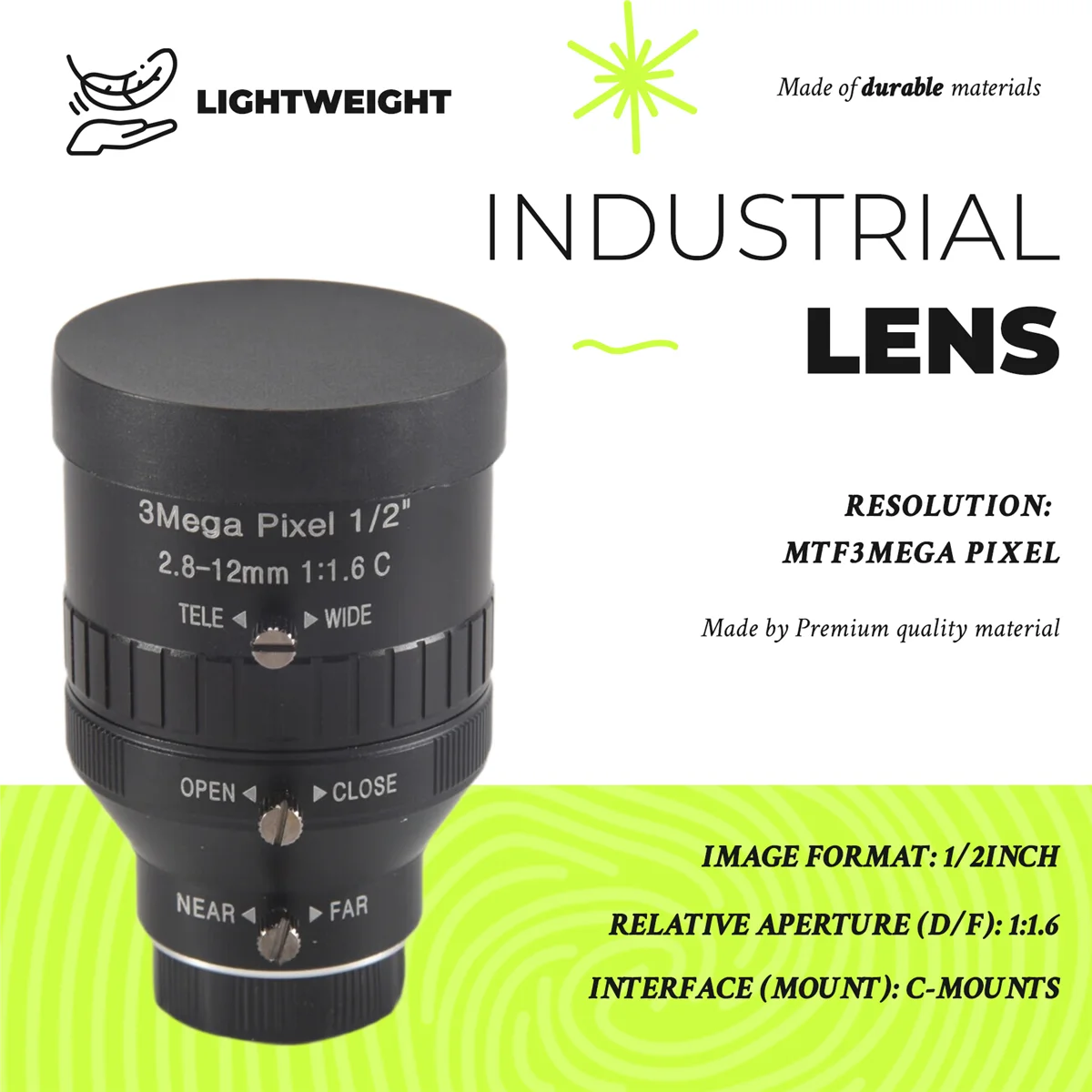 SLQZT Obiettivo industriale Zoom manuale con iride 2.8-12mm 3MP Obiettivo con attacco C Accessori per fotocamera con obiettivo CCTV