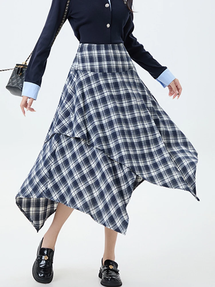 Y2k xadrez midi saia feminina coreano design irregular cintura alta uma linha guarda-chuva saia longa magro versátil outono