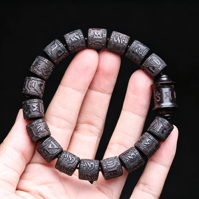 Natürliches Ebenholz Tibetisches Sechs-Wort-Mantra Tibetisches Buddhistisches Gebetsrad-Armband 12mmx12mm Universal – Detail 5