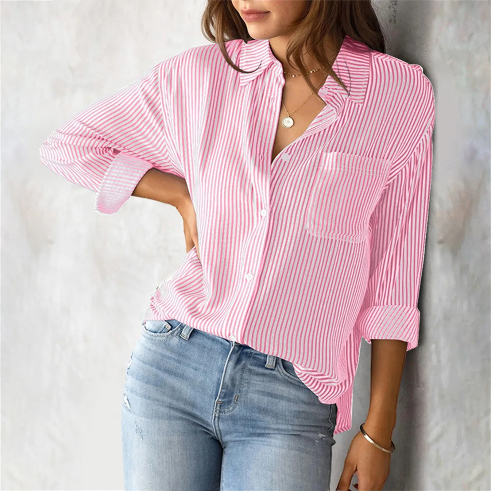 

Women's Blouse Stripe Shirt Patch Pocket Top 2024 Summer Loose Casual Office Ladies Long Sleeve Tee Shirts Female Blouses Camisa