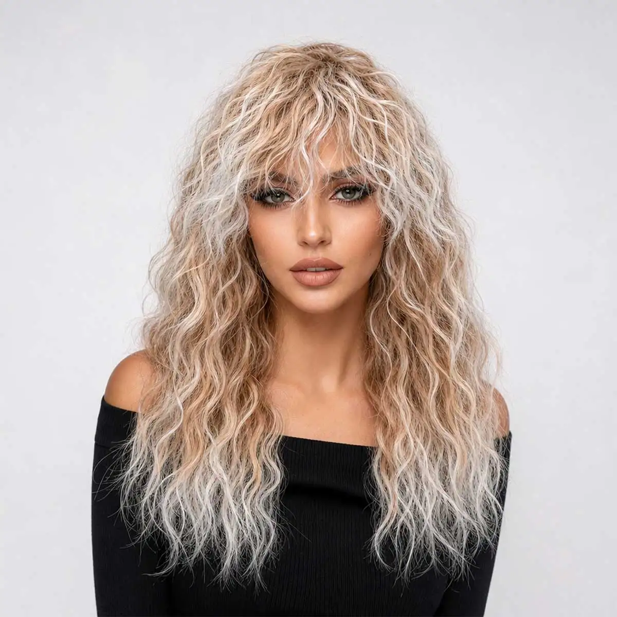 Blonde White Highlight Long Water Wave Curly Wig with Bangs, Natural Fluffy Heat Resistant Synthetic Wig for Daily Party Cosplay