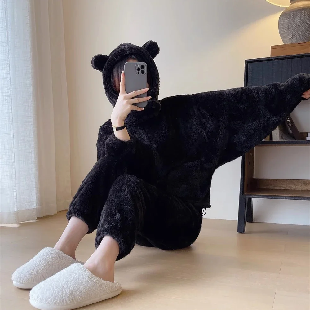 Thickened Warm Fleece Women\'s Pajamas 2 Piece Set Cartoon Cute Furry Black Pajamas Outside Home Suit Suit Female Autumn Winter