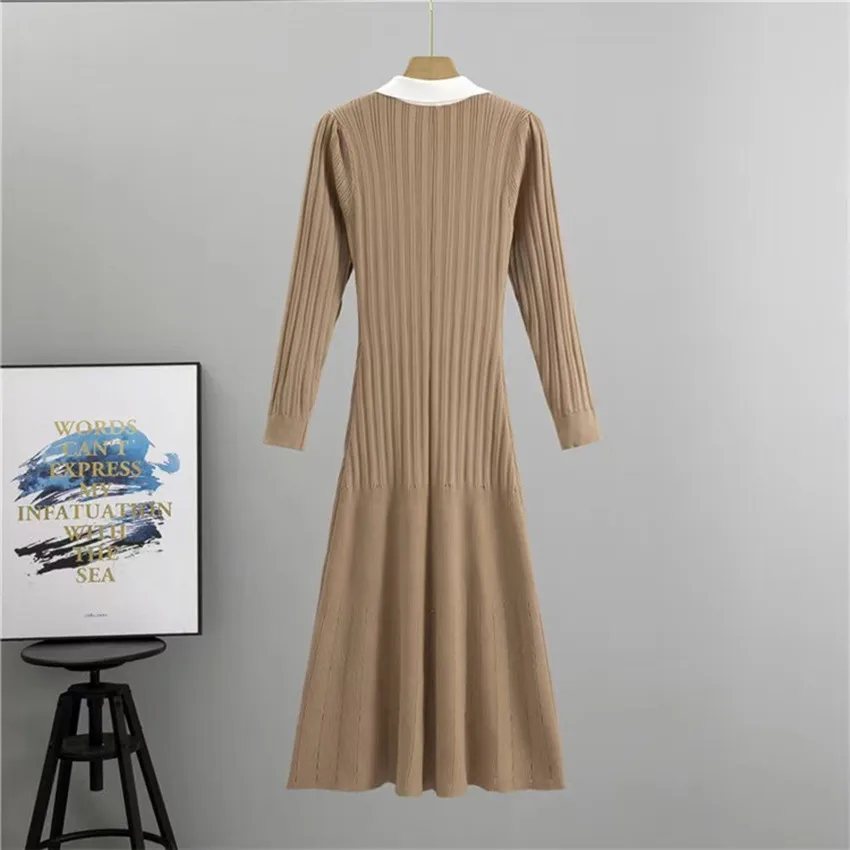 French Fashion Autumn Winter Blue Gold Single Breasted Knitting Sweater Vestidos Women Lapel Long Sleeve Hollow Out Midi Dresses