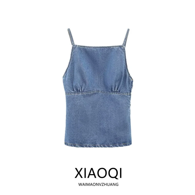 

Spring 2025 Women's Versatile Strapl Straight Collar Bal Denim Top Faionable ort Length All-Match New Arrival