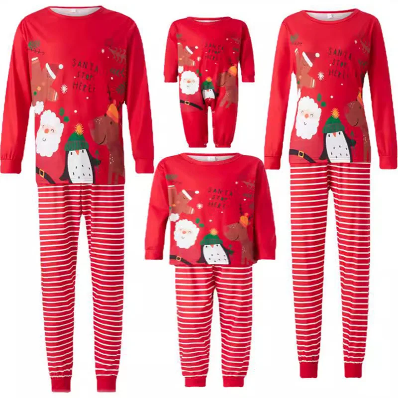 크리스마스 프린트 가족 매칭 의상, 크리스마스 만화 잠옷 세트, 어린이 상의, 줄무늬 바지 세트, 아빠 미라 아기 면 의류