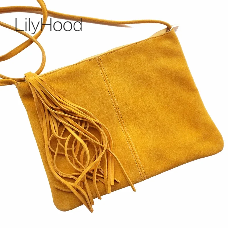 Suede Leather Fringed Shoulder Bag Female Envelope Small Crossbody Bag Women Nubuck Genuine Leather Mustard Clutch Sling Bag