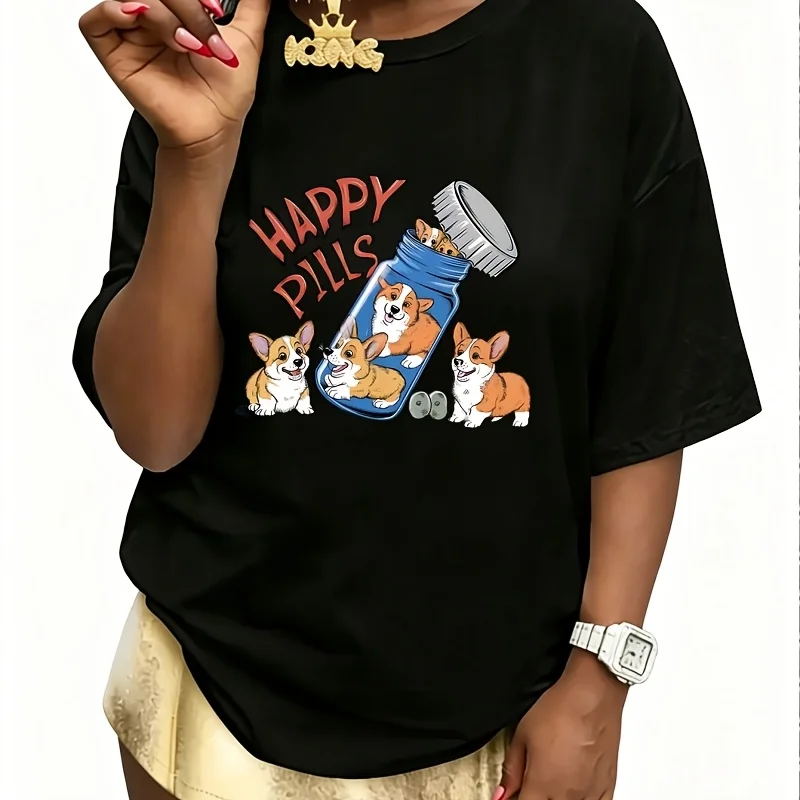 Corgi Pill Bottle Women's 100% Cotton T-Shirt Short Sleeve Top Casual Round Neck Fun Print Tee S-5Xl