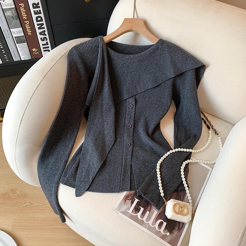 Korean style irregular cape knitted base shirt women in autumn and winter new elegant high-end unique and chic slit top