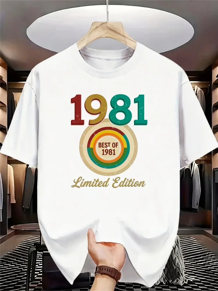 Men Summer Crew Neck T Shirt Vintage 1981 Limited Edition Rainbow Circle Print Casual Loose Streetwear Short Sleeve Fashion Tops