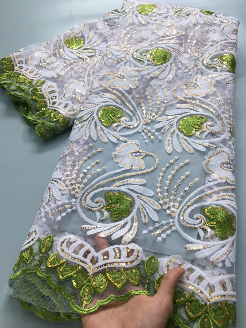 African French Mesh Lace Fabric Milk Silk Lace Nigerian Embroidered Fabrics Sequins High Quality for Women Dresses,5Yards 4137