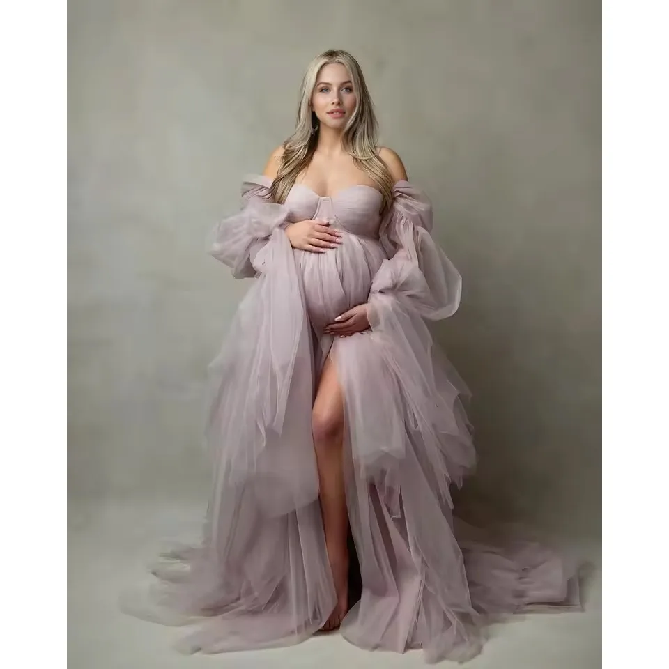 

Layered Ruffles Tulle Long Maternity Evening Dress Wedding Guest Dresses for Women