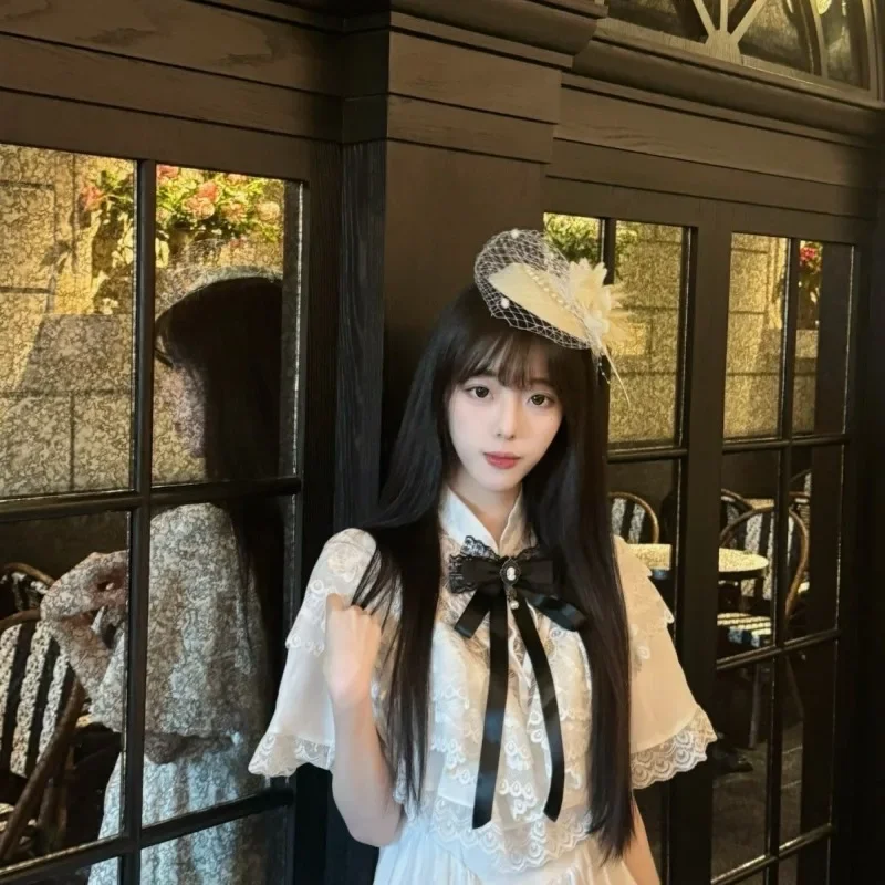 Verão japonês doce branco vestidos de renda 2025 novo duplo em camadas arco vestido para mulheres cintura fina manga curta vestidos mujer