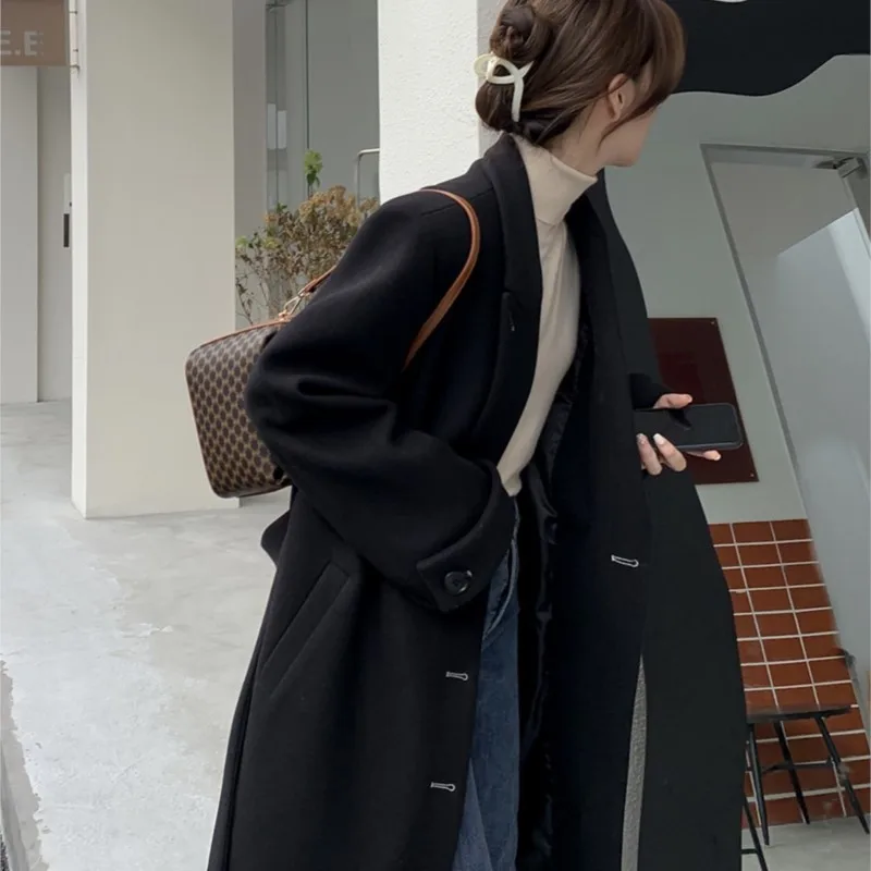 Shoulder Wool Overcoat Female Hepburn Style New Thickened Small over the Knee Temperament Woolen Coat