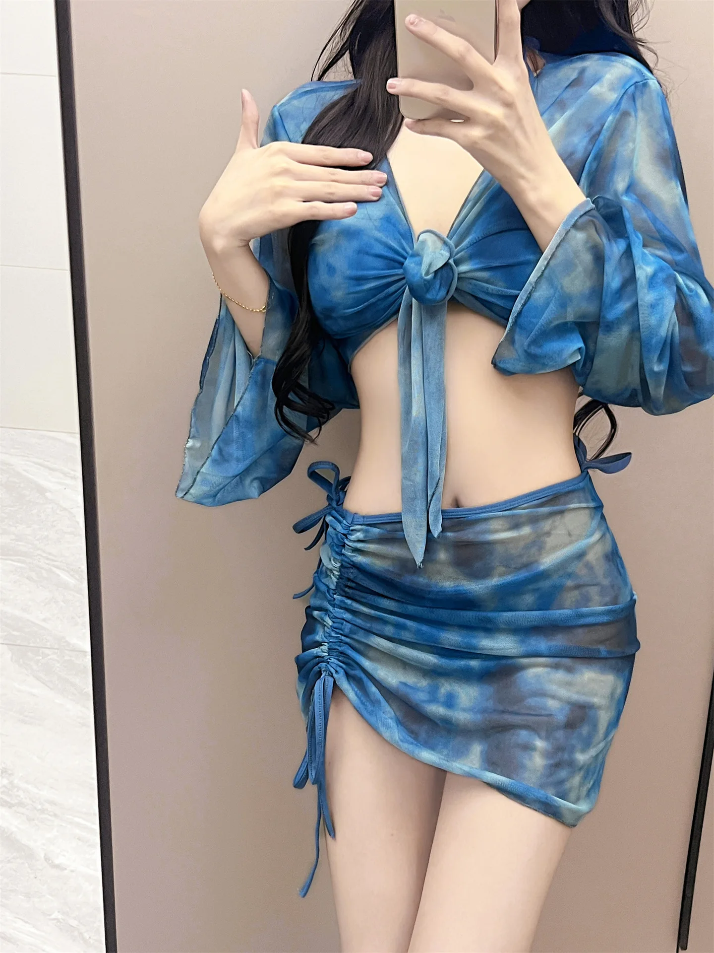 Women Tie Dye 4 Piece Swimsuit with Cover Up Sheer Long Sleeve Beachwear Set