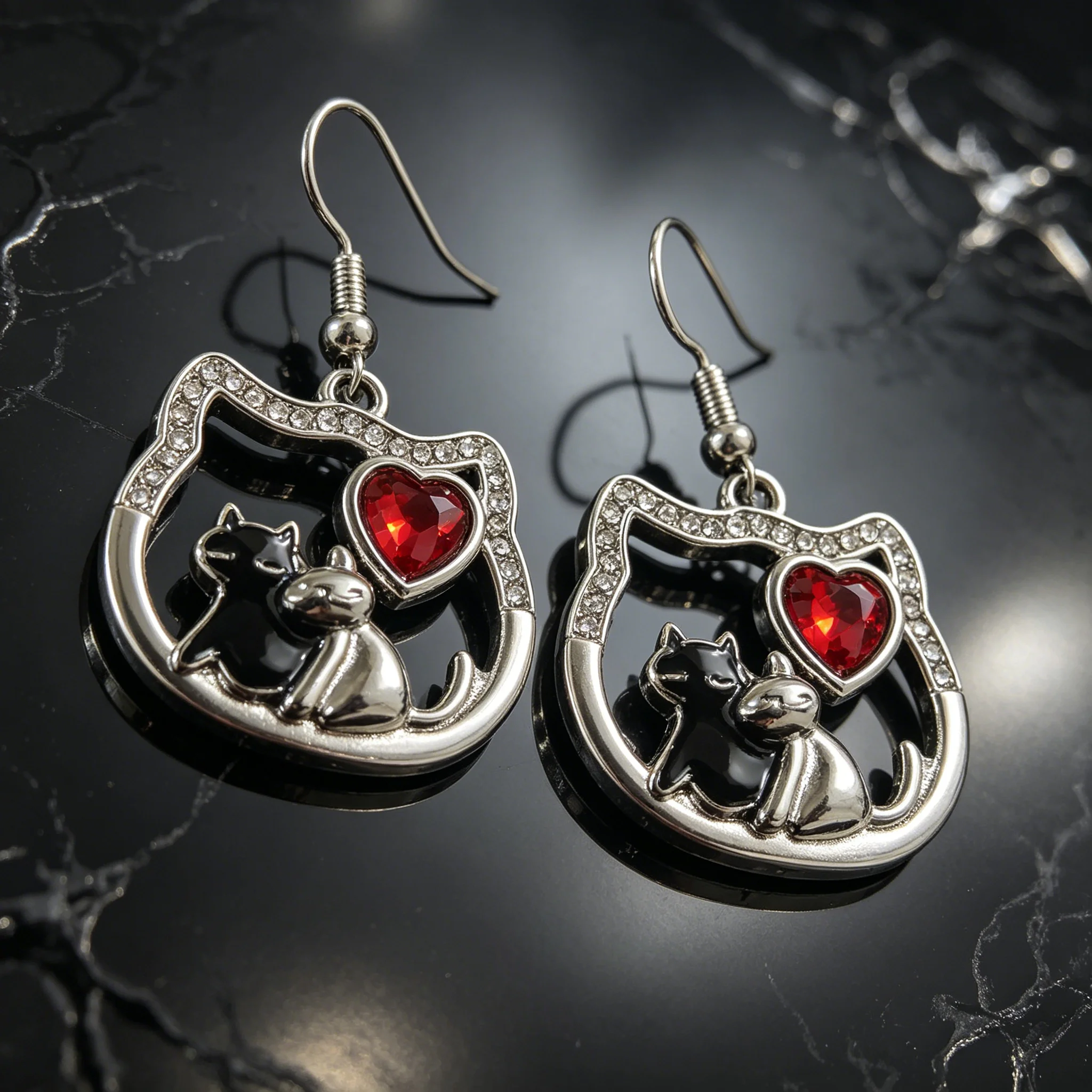 Black White Cat Dangle Earrings Silver Tone Red Heart Accent Pet Jewelry for Women Cat Lovers Gift view 4