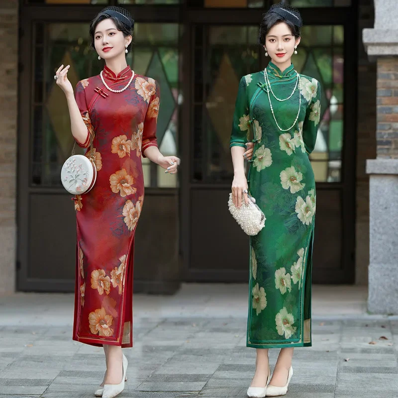

Новое женское зеленое платье Cheongsam в китайском традиционном стиле, новое улучшенное женское платье Ципао с воротником-стойкой, старое Шанхайское платье с принтом