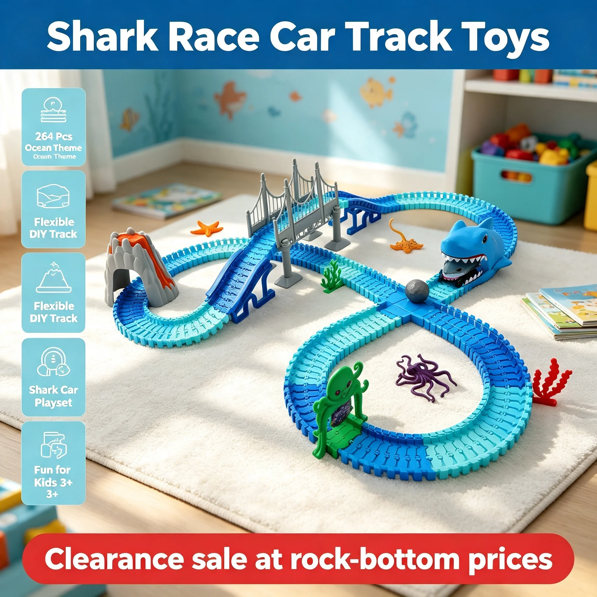 Clearance Sale DIY Flexible Racing Tracks Electric Running Shark Vehicle 264Pcs Ocean Theme Set with Realistic Sea Accs for Boys Girls Birthday Gifts