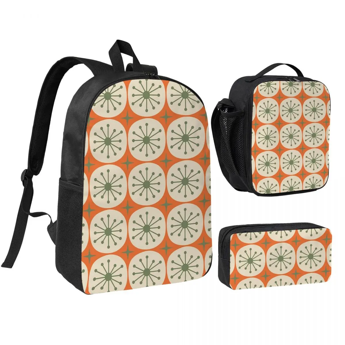 Mid Century Modern Atomic Dots And Stars Olive Green Beige Backpack BookBag School Bag Shoulder Bags 3ps Lunch Bag Pencil Case