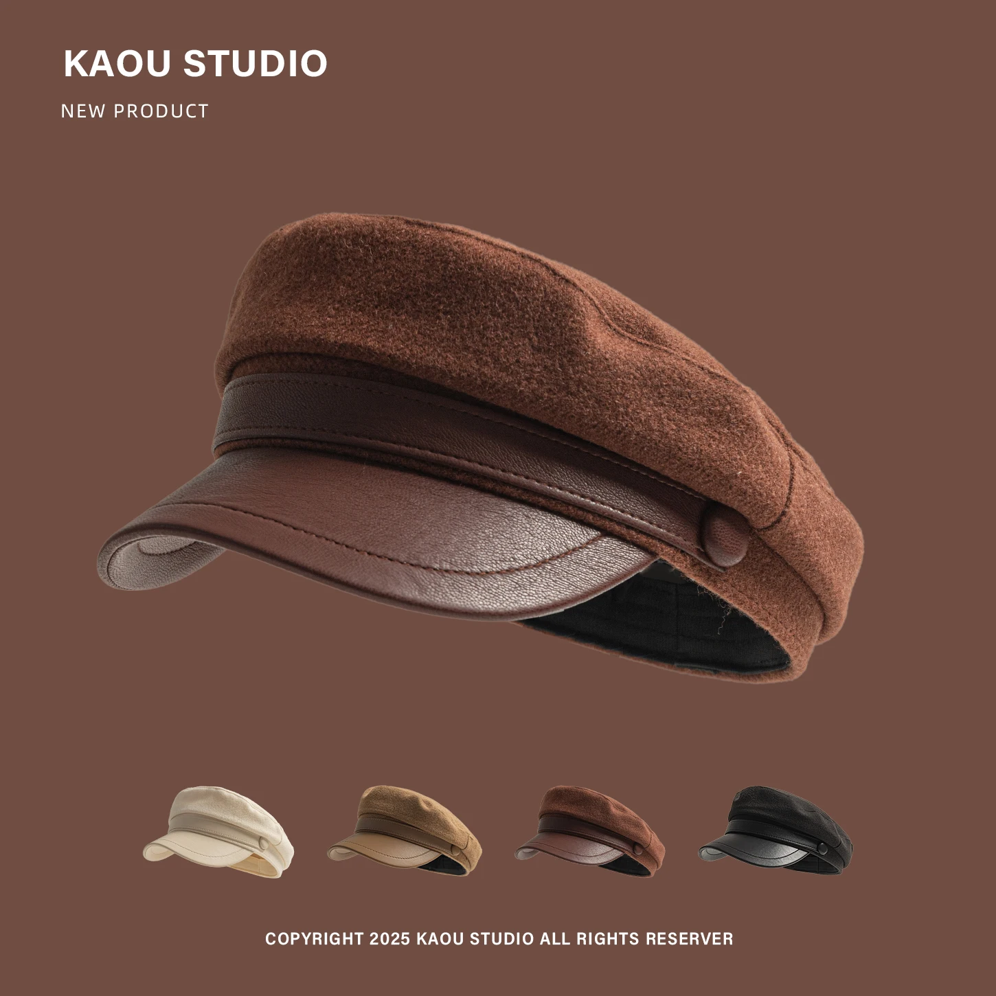 

2025 Autumn Winter New Flat Top Octagonal Hat Leather Brim Simple Painter Hat Versatile