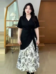 Plus Size 5XL 150KG Summer Maxi Dress Flower Printed Women Short Sleeve V Neck Oversized Dress Loose Waist Long Dress