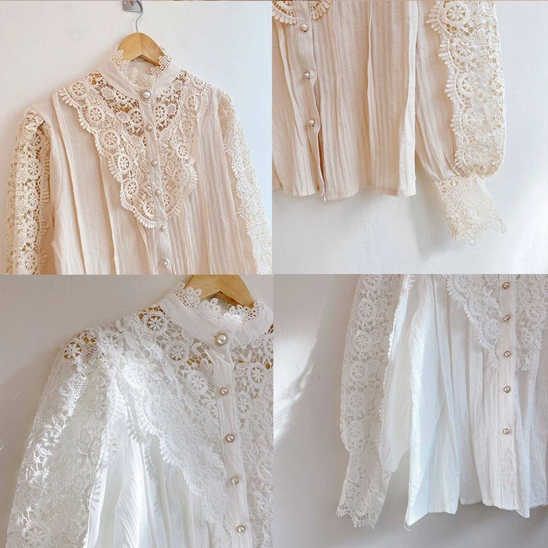 Spring Sweet Hollow Out Lace Patchwork Blouse Autumn Button White Top Women Blusas Petal Sleeve Flower Stand Collar Shirt 12419