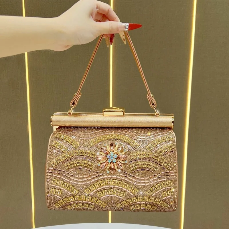 Light Luxury Sparkling Diamond Studded Handbag Stripe And Flowers Pattern Shoulder Crossbody Bag High-end Socialite Evening Bags